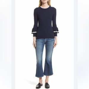 FRAME Double Ruffle Cuff Sweater in Navy - Size XS wool blend